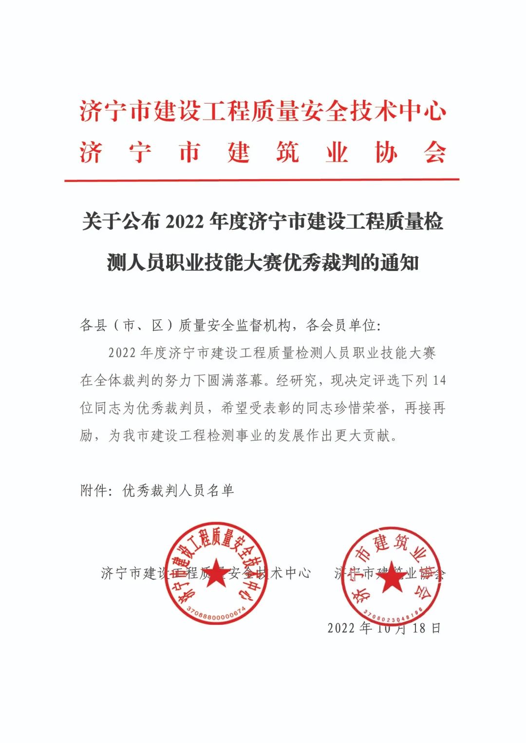 关于公布2022年度济宁市建设工程质量检测人员职业技能大赛优秀裁判的通知.jpg